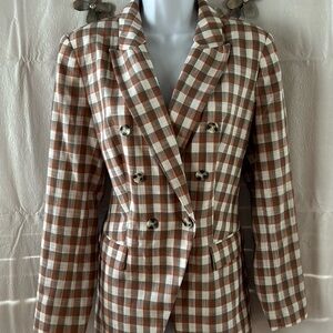 Women’s Nine West Double-Breasted Checkered Blazer Gray Copper Off-White Size M